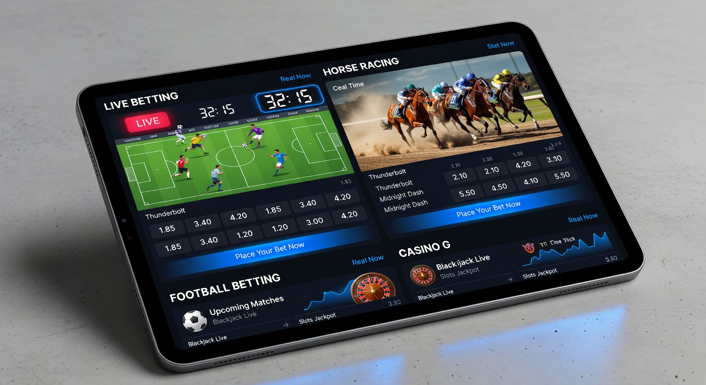 Close-up of a bettor's hand on smartphone displaying live horse race odds, soccer live scores, and a casino blackjack table with promotional bonus overlay