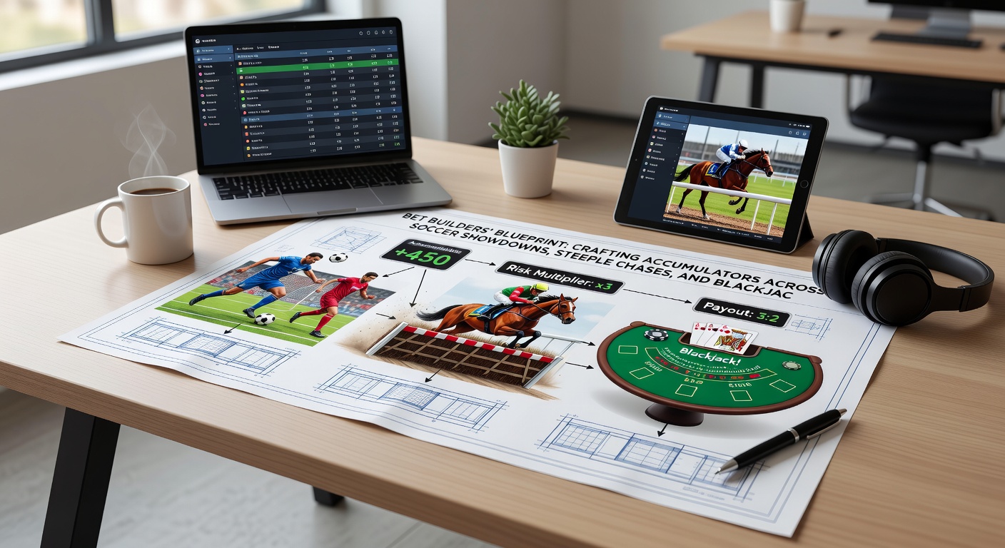 Close-up of a mobile screen displaying a bet builder accumulator for a steeplechase race combined with soccer stats and blackjack odds, overlaid with deposit confirmation and chat support icons