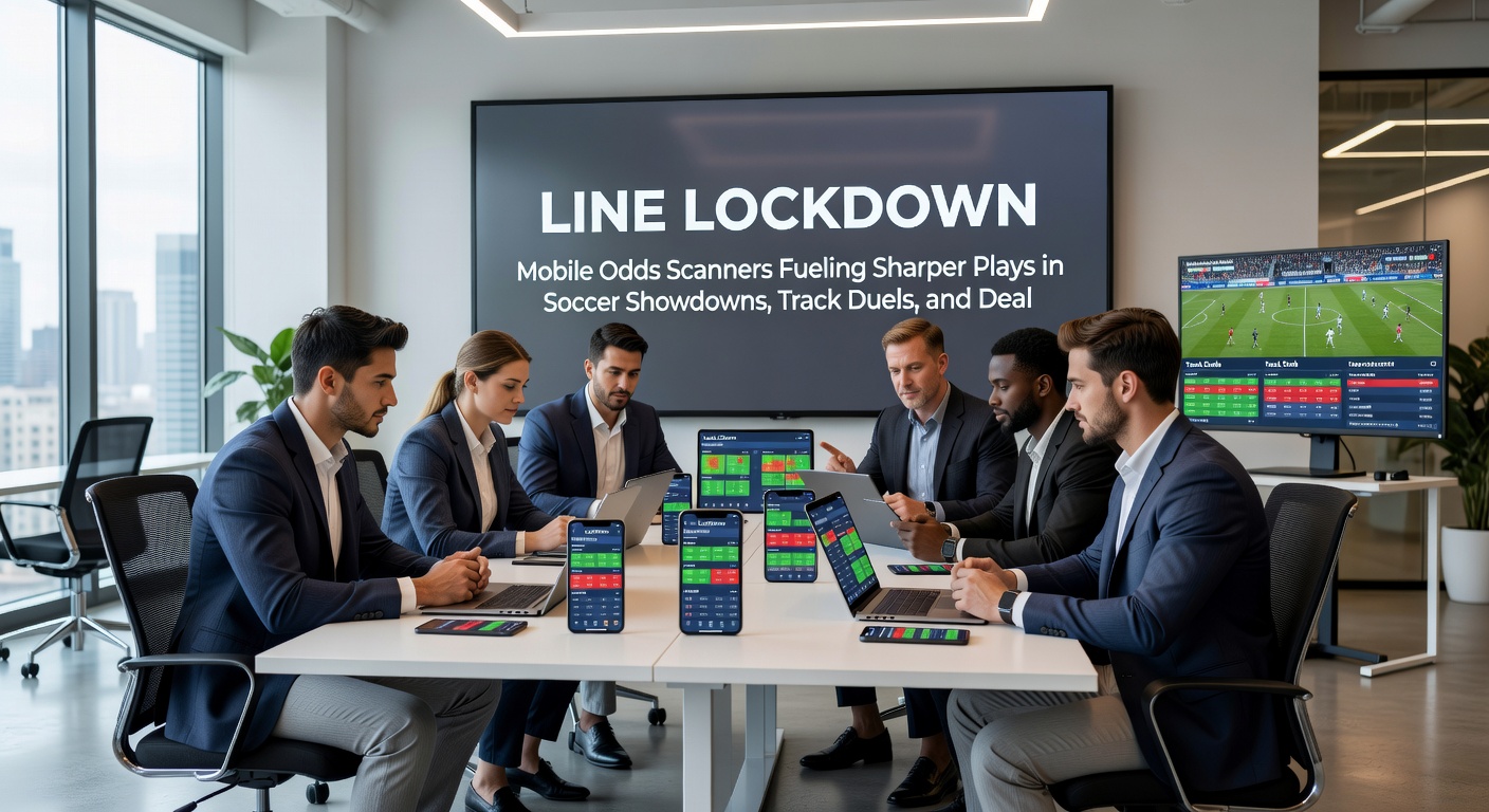 Close-up of mobile odds scanner interface displaying locked lines for a horse racing duel and nearby casino dealer game odds