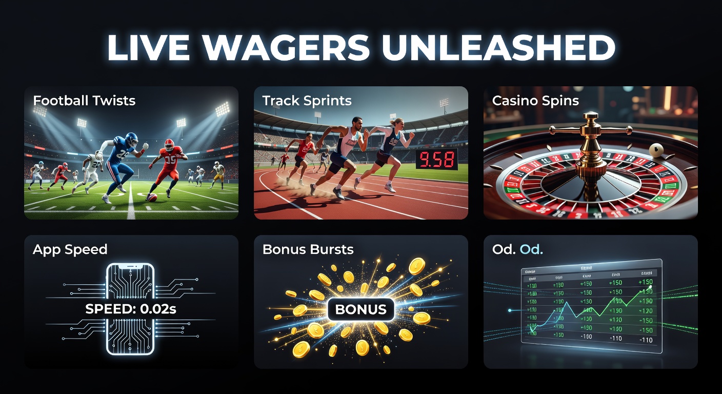 High-speed track sprint with athletes blurring past, overlaid with live odds screens and mobile app interfaces