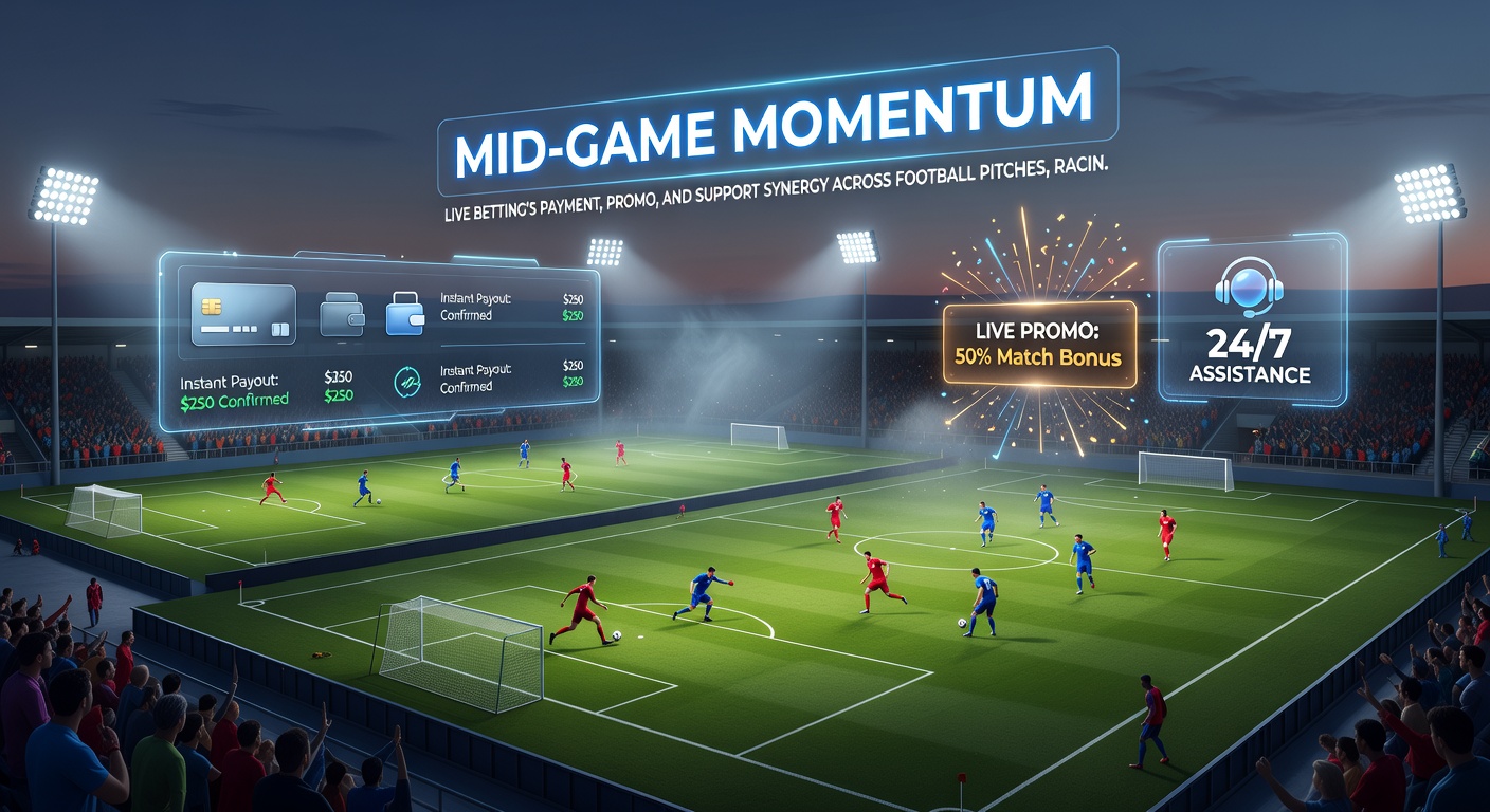 High-speed horse racing action on a track with overlaid live betting odds, payment icons, and support chat bubbles emphasizing mid-race wagering dynamics