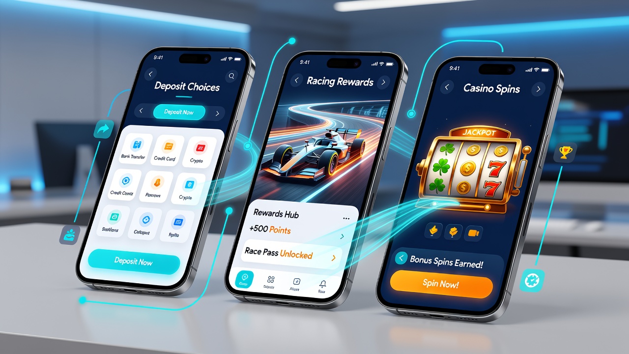 Close-up of mobile app screen displaying linked deposit choices for racing rewards and casino spins