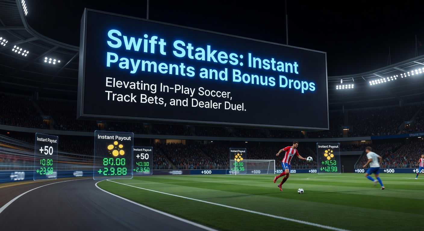 High-speed horse race with jockeys neck-and-neck, digital overlays showing instant payout confirmations and bonus drop alerts exploding on screen