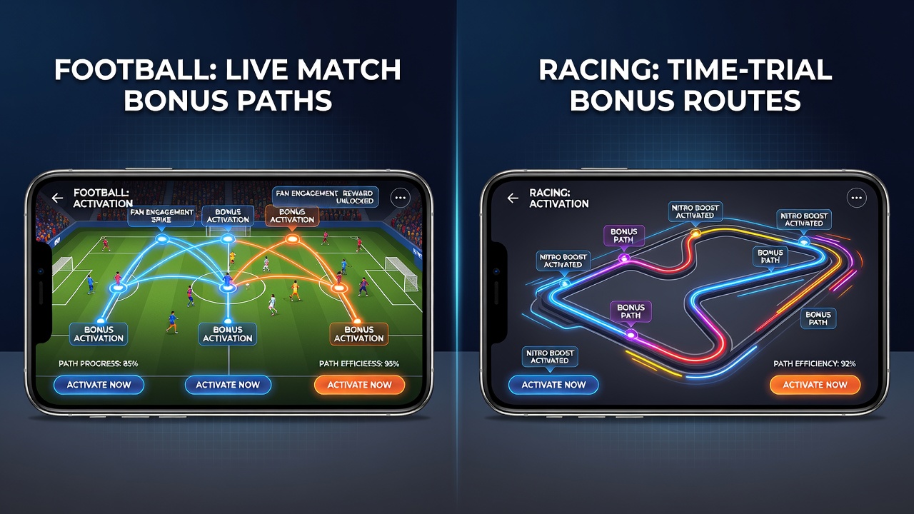 Racing and casino mobile screens displaying bonus path steps