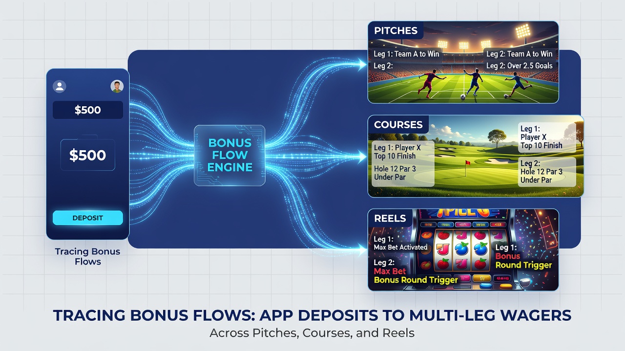 Flowchart illustrating bonus allocation across football accumulators, racing multis, and casino reel chains with contribution percentages